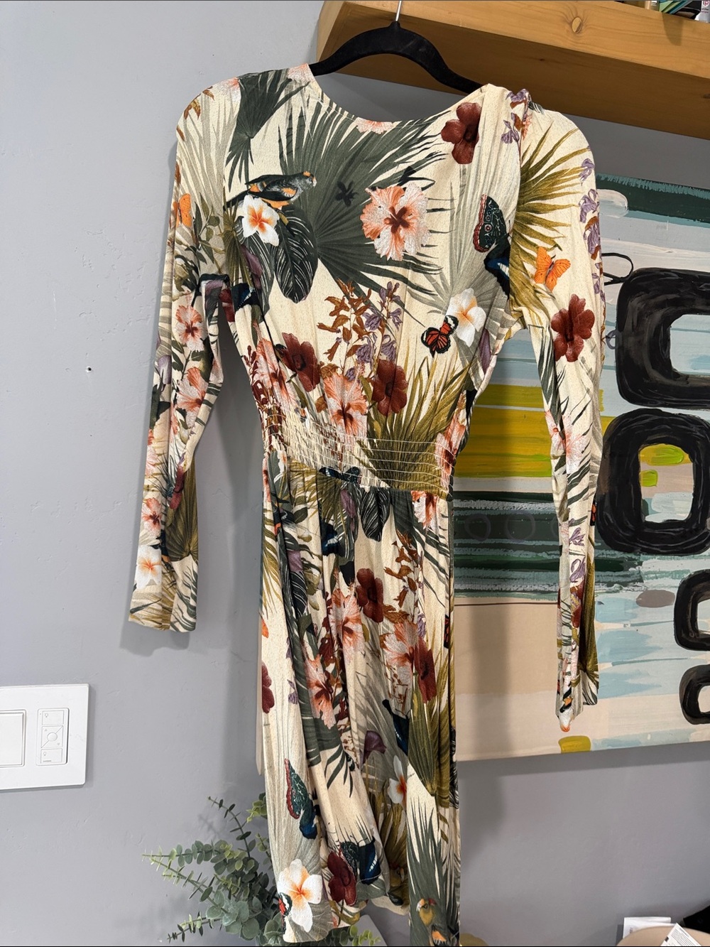 H&M Cream Botanical-Print Long Sleeve Fit Dress